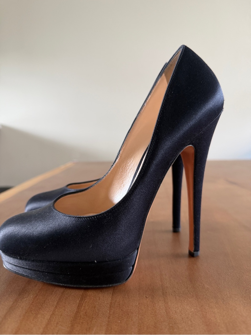 Casadei - Classic Black Satin Platform High Heel Pump 5.5” heel high